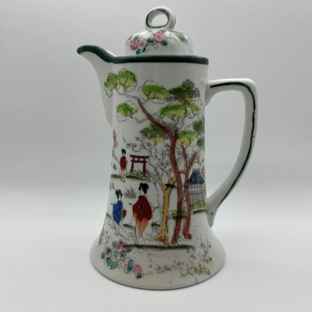 Vintage Japanese Porcelain Chocolate Pot Geisha Pagoda Scene Made in Japan 9.5